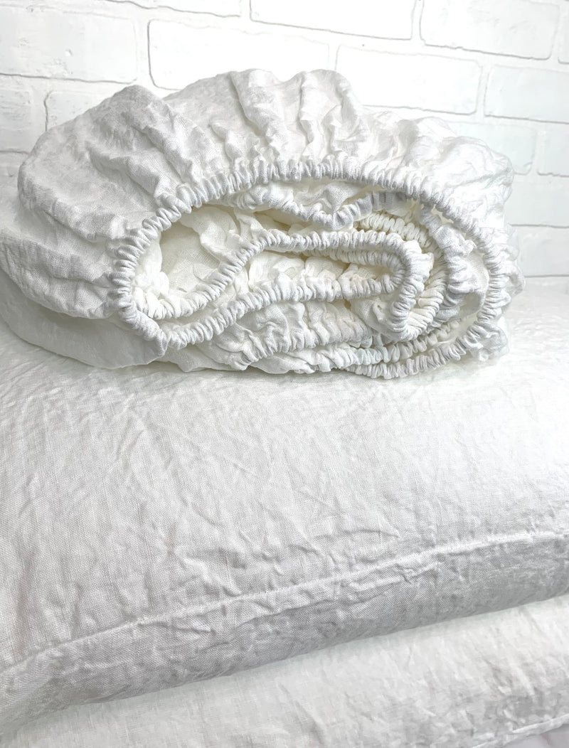 Linen fitted sheet set in White