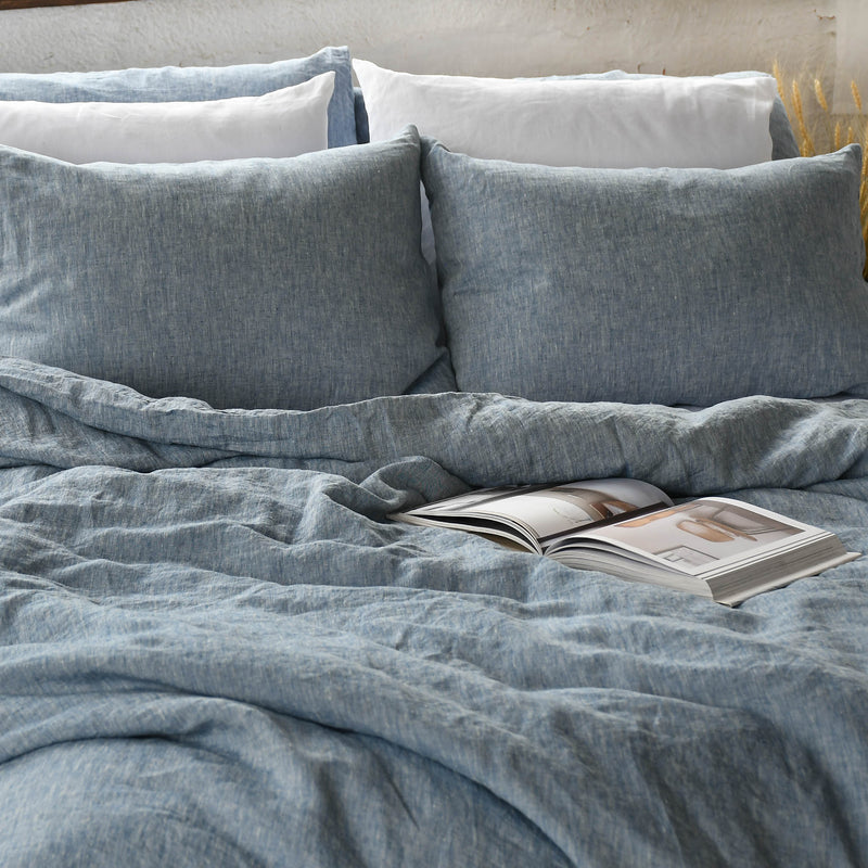 linen bedding set blue melange color