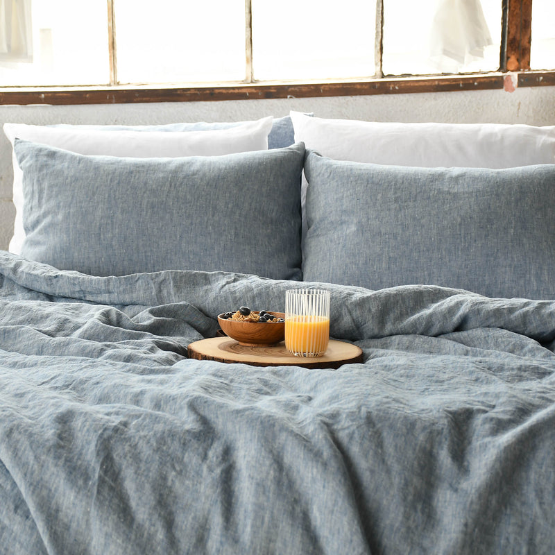linen bedding set blue melange color