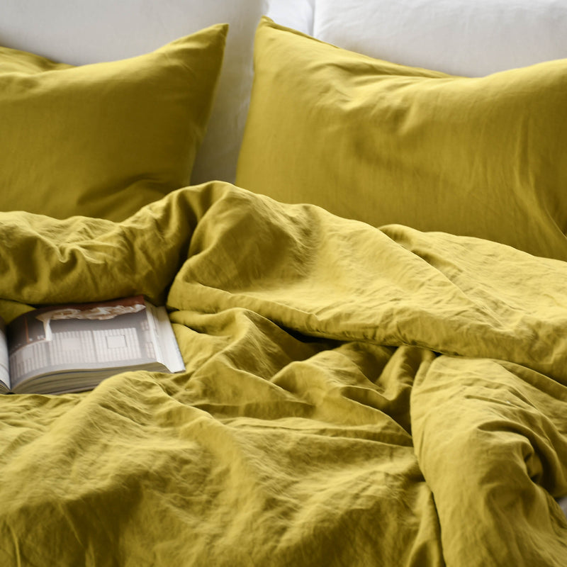 Linen pillowcases in mustard green. Set of two pillowcases