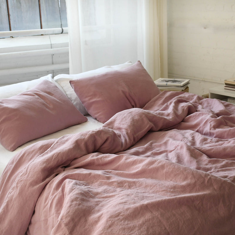 linen bedding set woodrose color