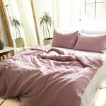 linen duvet set in woodrose color. Includes duvet cover and two pillowcases
