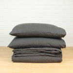 linen duvet set in charcoal color. Includes duvet cover and two pillowcases